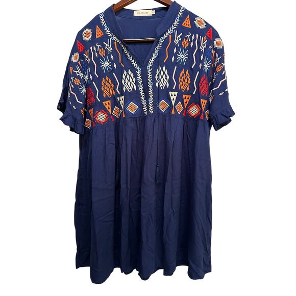 Solitaire Women's Blue Embroidered Ruffled Short Sleeve Tunic Mini Dress Size L - Picture 1 of 7